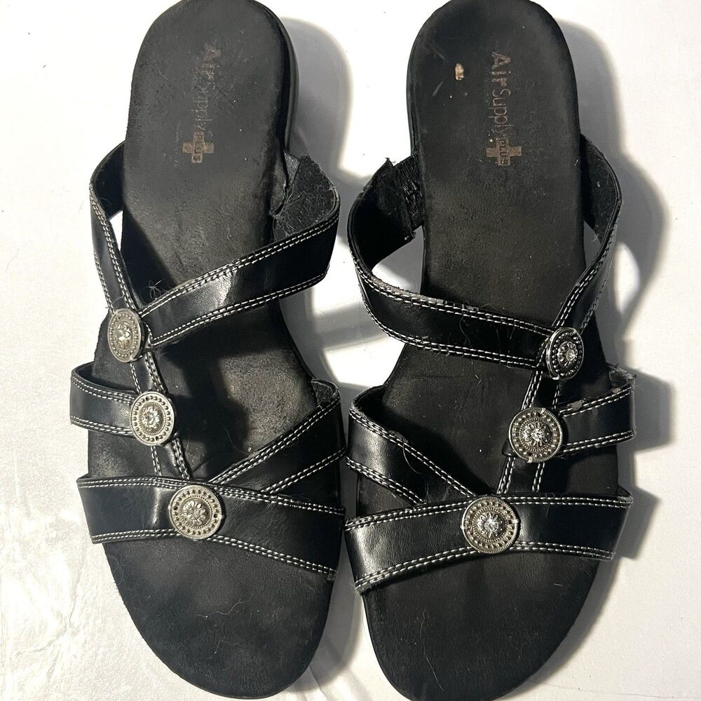 Judith Air Supply Black Sandals- White Stitching- Silver Accents- Size 8.5